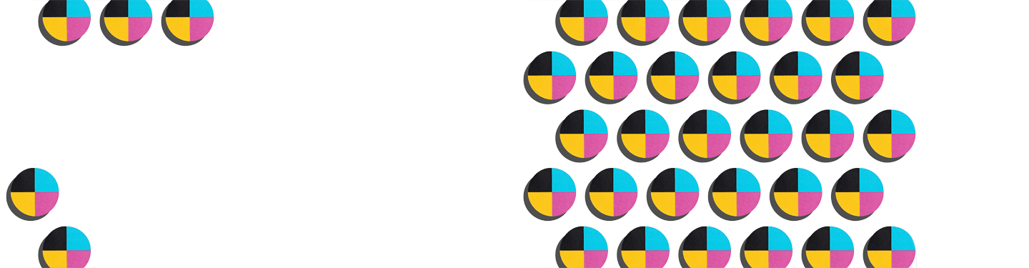 Small circles in quadrants of colors black, yellow, blue and pink - signifying color management technology.