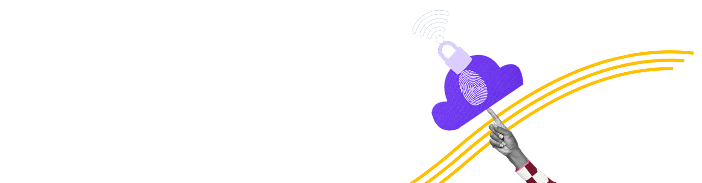 Hand holding up a cloud, with a finger print, security lock and wifi symbol. Ransomware security Concept.