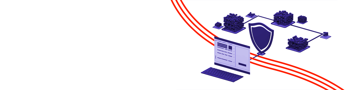 Concept of cybersecurity with a digital screen leading to a shield securing paths to the outside