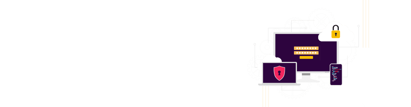 Large and small PCs with security image, cloud security graphic and smartphone next to them, symbolizing top threats to print security and how to mitigate them.