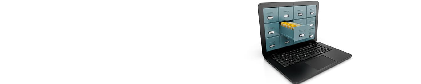 laptop with a file cabinet drawers onscreen and one draw opening beyond the monitor screen